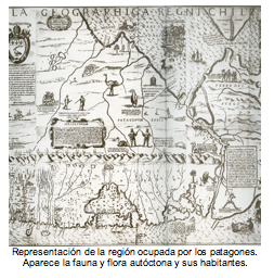 Representación de la región ocupada por los patagones. Aparece la fauna y flora autóctona y sus habitantes. 