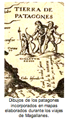 Dibujos de los patagones incorporados en mapas elaborados durante los viajes de Magallanes. 