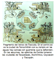 Fragmento del lienzo de Tlaxcala. En el centro se ve la ciudad de Tenochtitlán con su templo en las  aguas hay canoas con guerreros que la defienden. En las esquinas, los ejércitos de Cortés tomaron las ciudades de Tecpatepec, Xochimilco, Coyoacán y Tlacopán.  