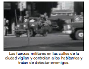 Las fuerzas militares en las calles de la ciudad vigilan y controlan a los habitantes y tratan de detectar enemigos. 