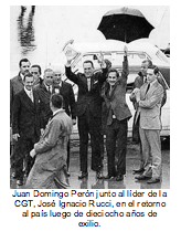 Juan Domingo Pern junto al lder de la CGT, Jos Ignacio Rucci, en el retorno al pas luego de dieciocho aos de exilio. 