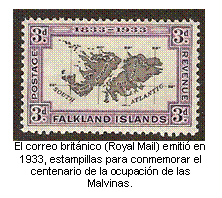 El correo británico (Royal Mail) emitió en 1933, estampillas para conmemorar el centenario de la ocupación de las Malvinas.  