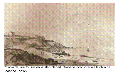 Colonia de Puerto Luis en la Isla Soledad. Grabado incorporado a la obra de Federico Lacroix.     