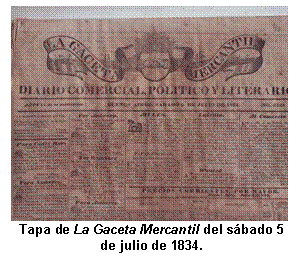 Tapa de La Gaceta Mercantil del sábado 5 de julio de 1834.  