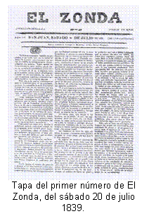 Tapa del primer número de El Zonda, del sábado 20 de julio 1839.  