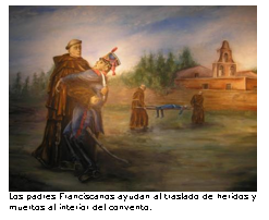 Text Box:   Los padres Franciscanos ayudan al traslado de heridos y muertos al interior del convento. 