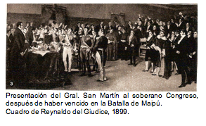 Text Box:   Presentaci�n del Gral. San Mart�n al soberano Congreso, despu�s de haber vencido en la Batalla de Maip�. Cuadro de Reynaldo del Giudice, 1899. 