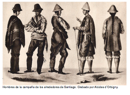 Text Box:   Hombres de la campa�a de los alrededores de Santiago. Grabado por Alcides d`Orbigny. 