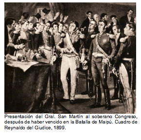 Text Box:   Presentaci�n del Gral. San Mart�n al soberano Congreso, despu�s de haber vencido en la Batalla de Maip�. Cuadro de Reynaldo del Giudice, 1899. 