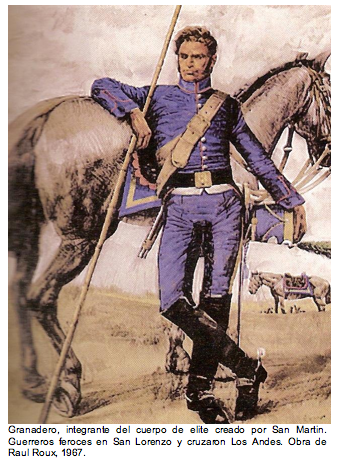 Text Box:   Granadero, integrante del cuerpo de elite creado por San Martin. Guerreros feroces en San Lorenzo y cruzaron Los Andes. Obra de Raul Roux, 1967. 