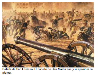 Text Box:   Batalla de San Lorenzo. El caballo de San Mart�n cae y le aprisiona la pierna.  