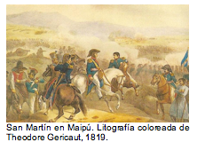 Text Box:   San Mart�n en Maip�. Litograf�a coloreada de Theodore Gericaut, 1819. 